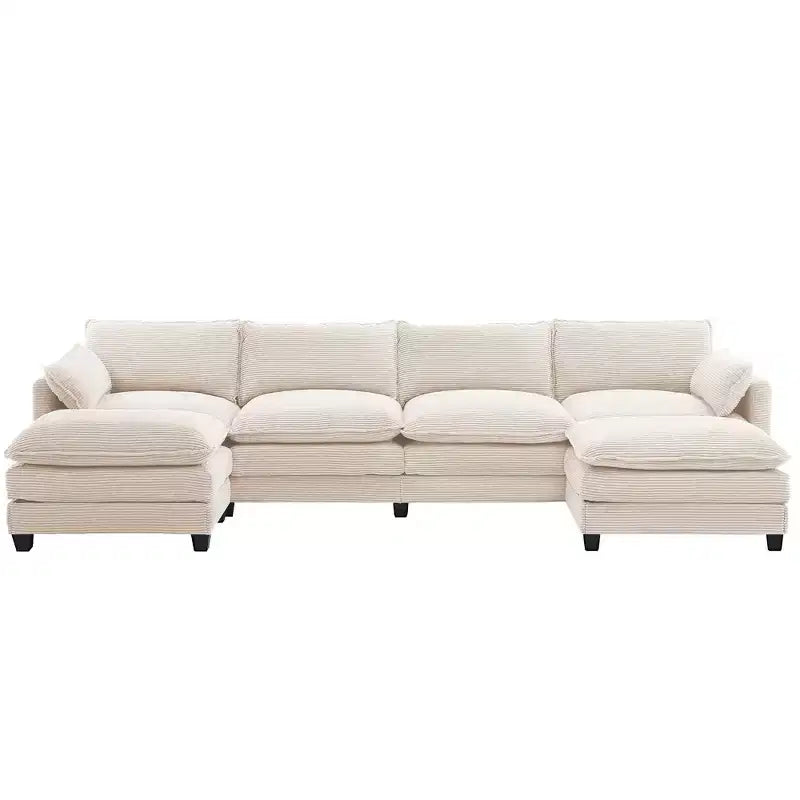 Canapé d'angle en velours côtelé en U, 4 places – Beige / Gris foncé / Vert olive / Jaune, avec 2 poufs mobiles