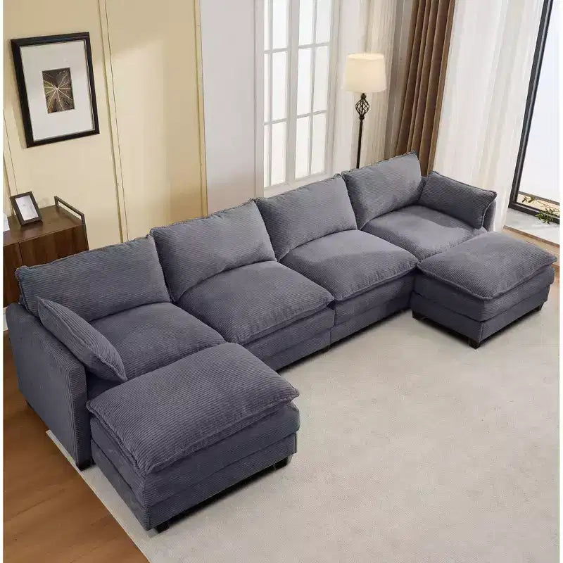 Canapé d'angle en velours côtelé en U, 4 places – Beige / Gris foncé / Vert olive / Jaune, avec 2 poufs mobiles