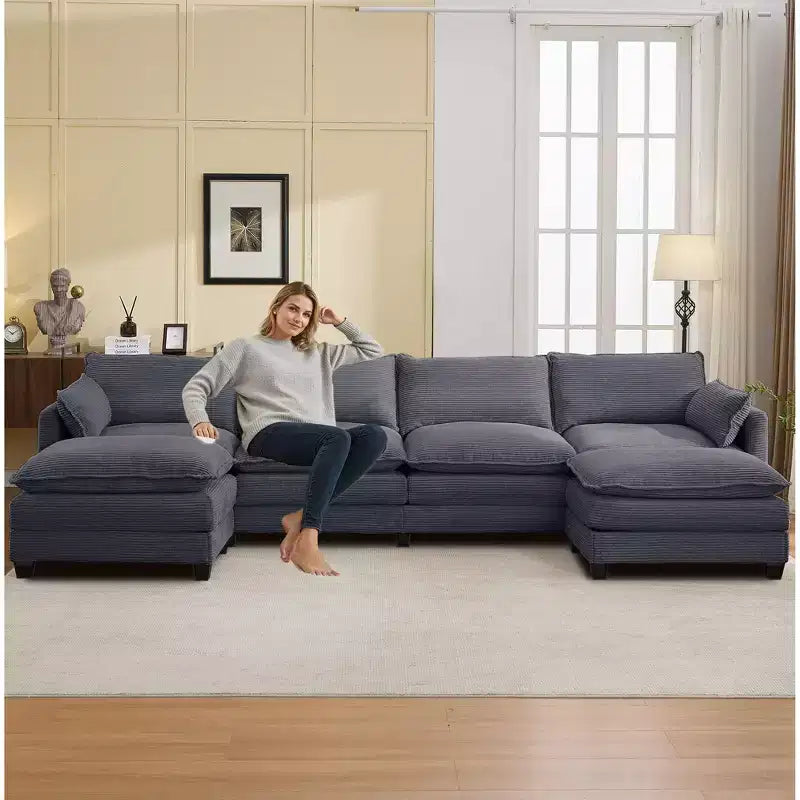 Canapé d'angle en velours côtelé en U, 4 places – Beige / Gris foncé / Vert olive / Jaune, avec 2 poufs mobiles