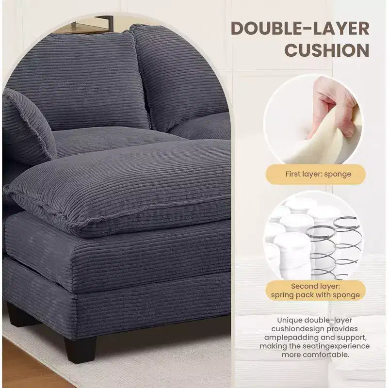 Canapé d'angle en velours côtelé en U, 4 places – Beige / Gris foncé / Vert olive / Jaune, avec 2 poufs mobiles