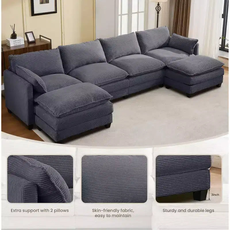 Canapé d'angle en velours côtelé en U, 4 places – Beige / Gris foncé / Vert olive / Jaune, avec 2 poufs mobiles