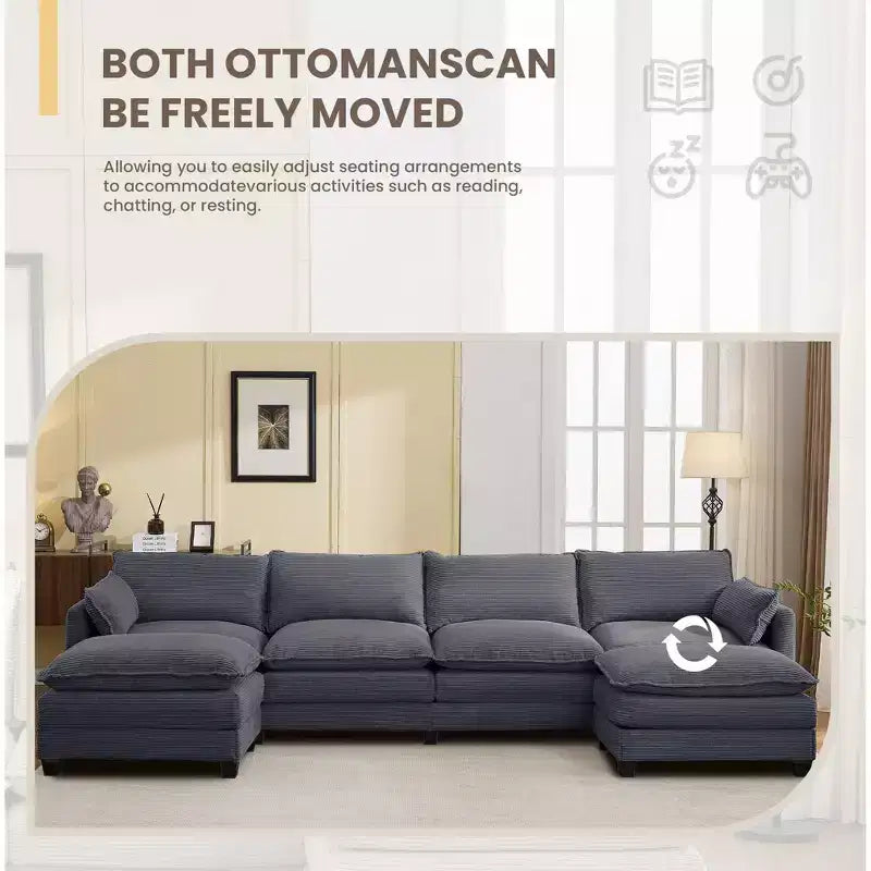 Canapé d'angle en velours côtelé en U, 4 places – Beige / Gris foncé / Vert olive / Jaune, avec 2 poufs mobiles