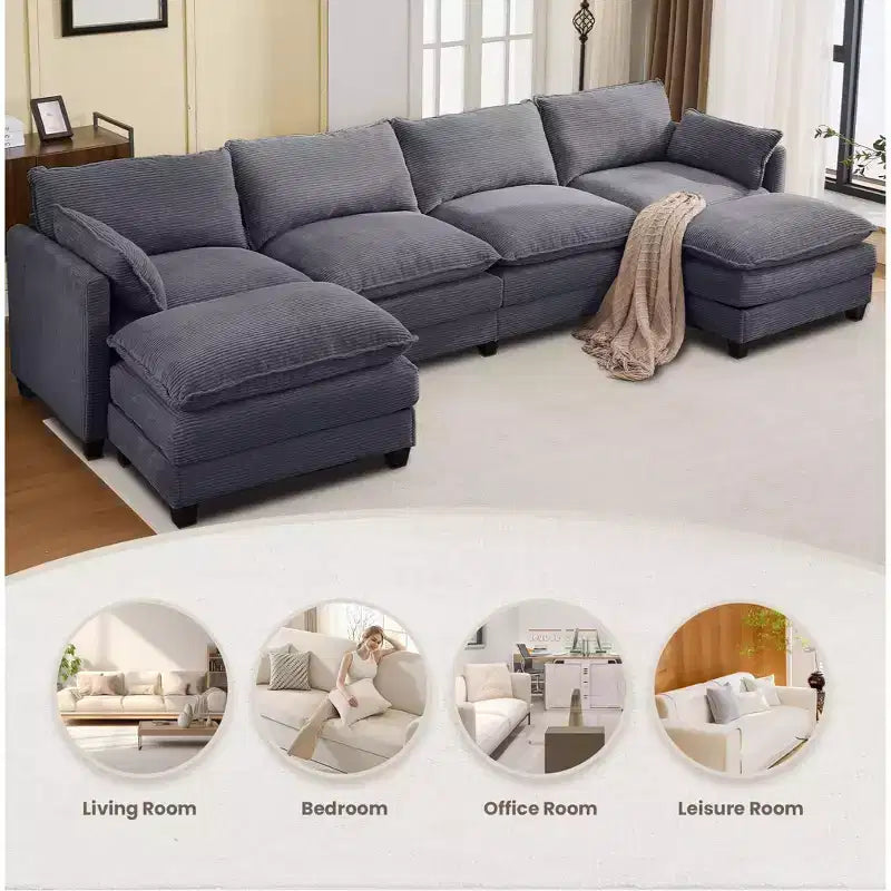 Canapé d'angle en velours côtelé en U, 4 places – Beige / Gris foncé / Vert olive / Jaune, avec 2 poufs mobiles