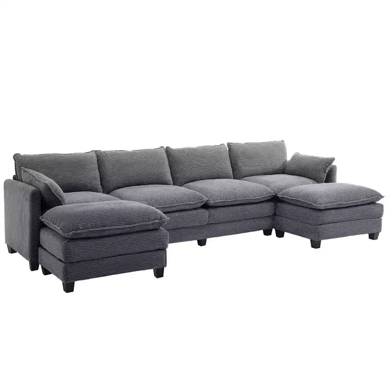 Canapé d'angle en velours côtelé en U, 4 places – Beige / Gris foncé / Vert olive / Jaune, avec 2 poufs mobiles