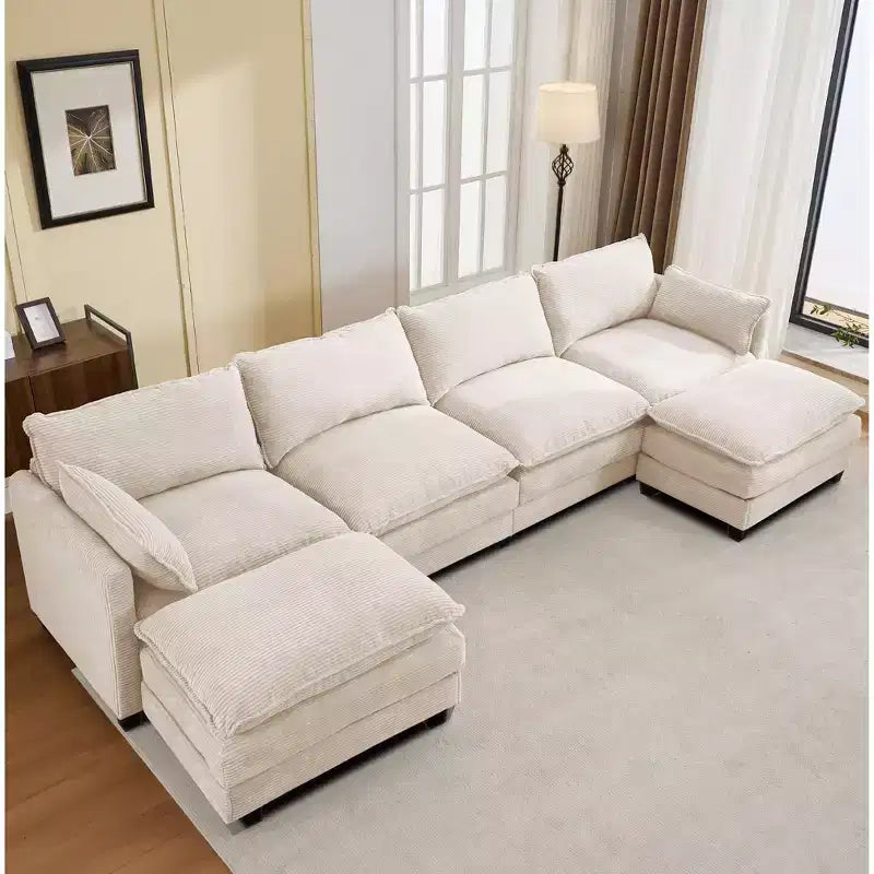 Canapé d'angle en velours côtelé en U, 4 places – Beige / Gris foncé / Vert olive / Jaune, avec 2 poufs mobiles
