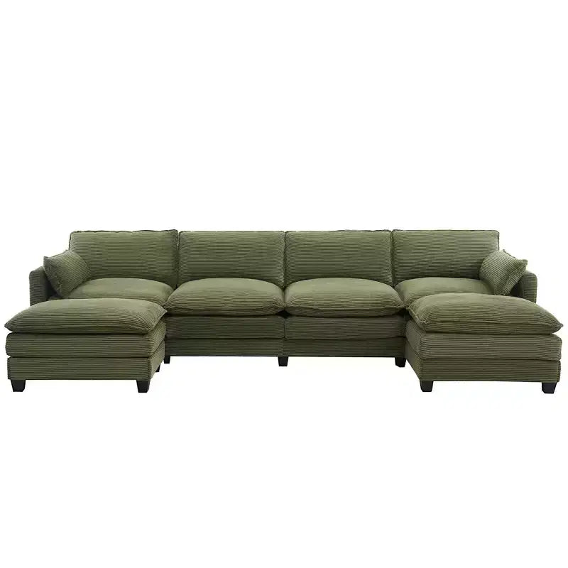 Canapé d'angle en velours côtelé en U, 4 places – Beige / Gris foncé / Vert olive / Jaune, avec 2 poufs mobiles