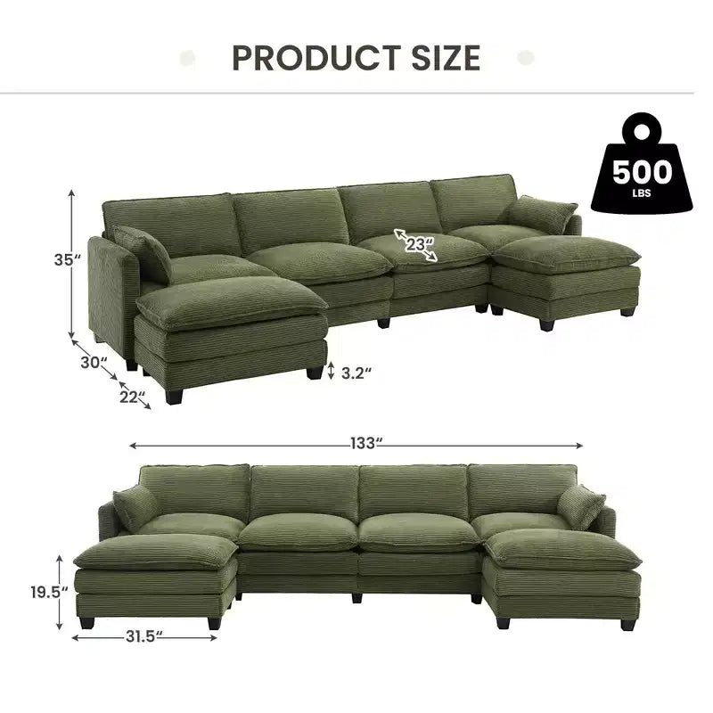 Canapé d'angle en velours côtelé en U, 4 places – Beige / Gris foncé / Vert olive / Jaune, avec 2 poufs mobiles