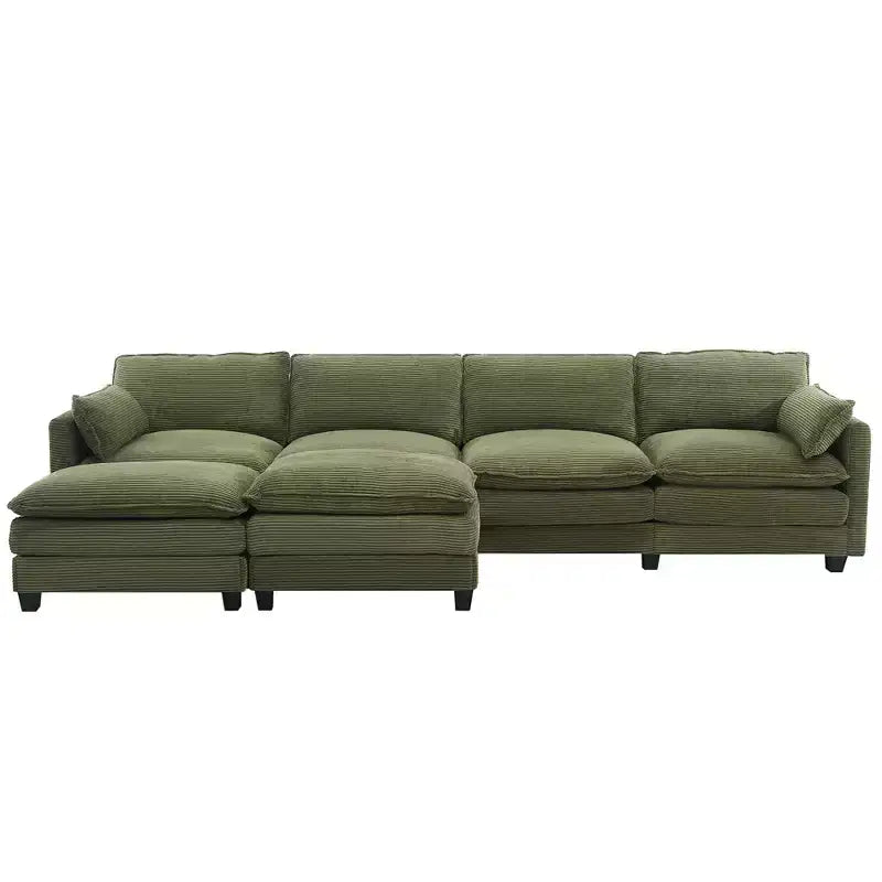 Canapé d'angle en velours côtelé en U, 4 places – Beige / Gris foncé / Vert olive / Jaune, avec 2 poufs mobiles