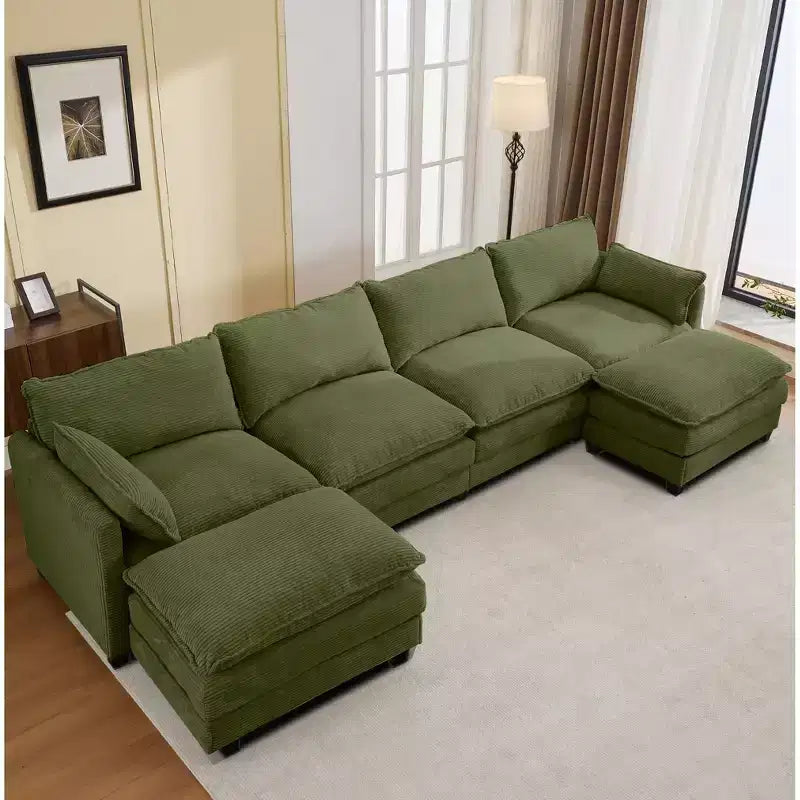 Canapé d'angle en velours côtelé en U, 4 places – Beige / Gris foncé / Vert olive / Jaune, avec 2 poufs mobiles