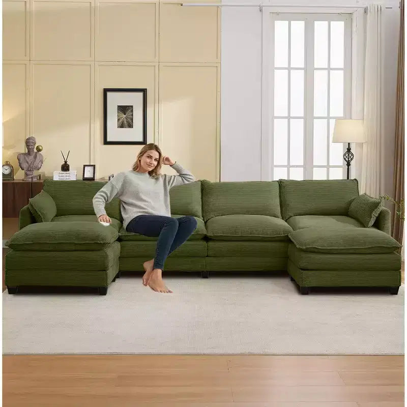 Canapé d'angle en velours côtelé en U, 4 places – Beige / Gris foncé / Vert olive / Jaune, avec 2 poufs mobiles