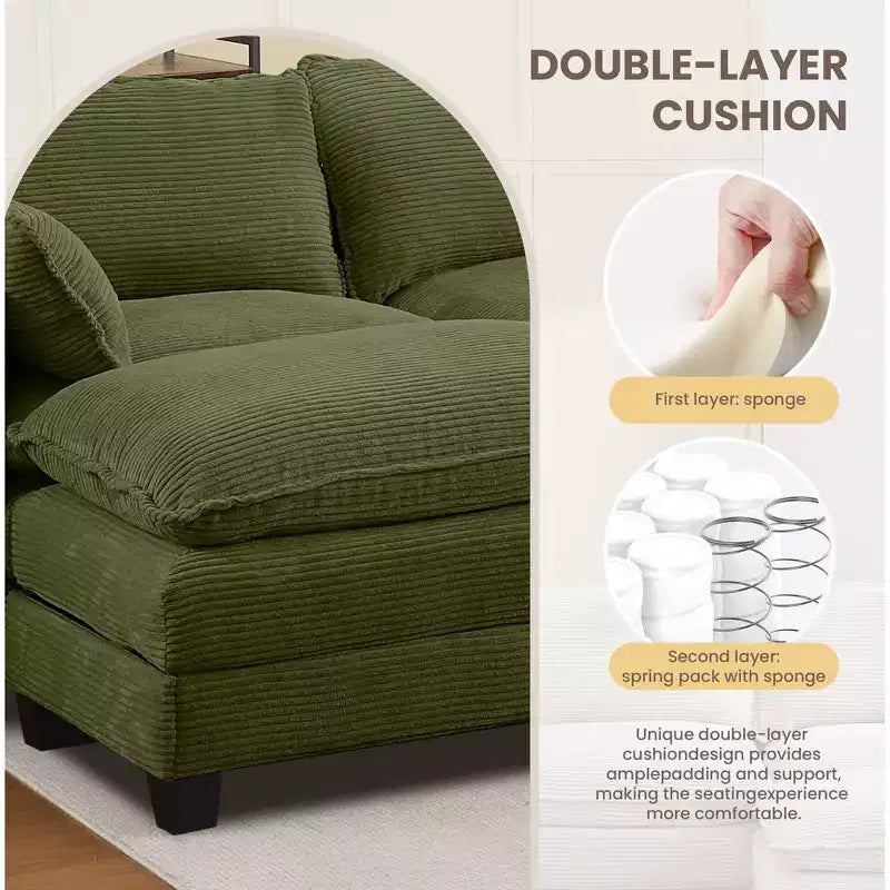 Canapé d'angle en velours côtelé en U, 4 places – Beige / Gris foncé / Vert olive / Jaune, avec 2 poufs mobiles