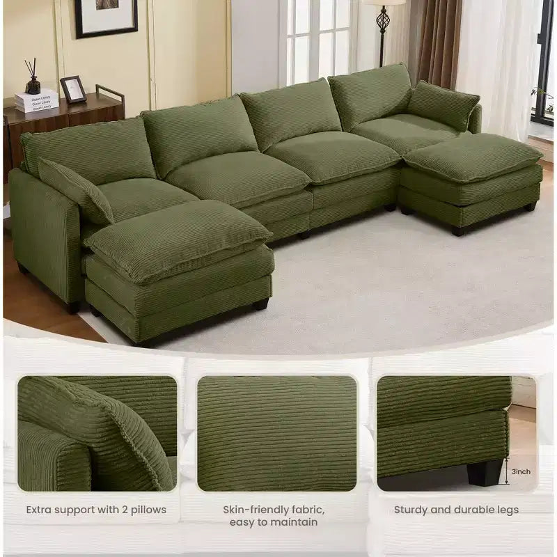 Canapé d'angle en velours côtelé en U, 4 places – Beige / Gris foncé / Vert olive / Jaune, avec 2 poufs mobiles