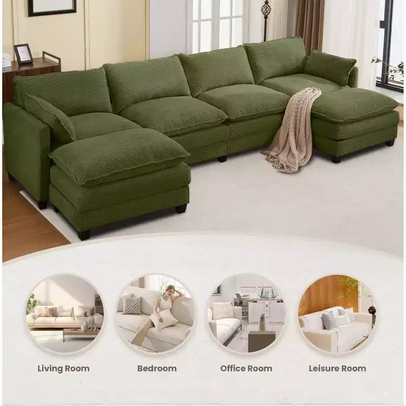 Canapé d'angle en velours côtelé en U, 4 places – Beige / Gris foncé / Vert olive / Jaune, avec 2 poufs mobiles