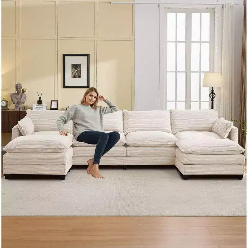 Canapé d'angle en velours côtelé en U, 4 places – Beige / Gris foncé / Vert olive / Jaune, avec 2 poufs mobiles