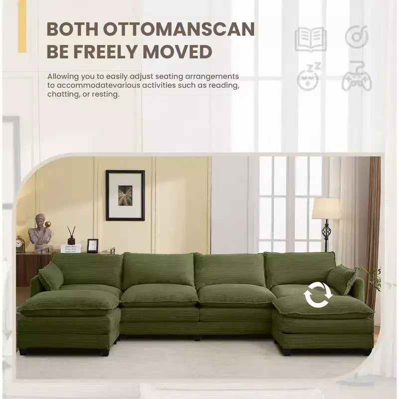 Canapé d'angle en velours côtelé en U, 4 places – Beige / Gris foncé / Vert olive / Jaune, avec 2 poufs mobiles