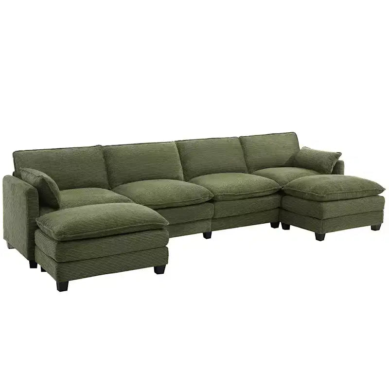 Canapé d'angle en velours côtelé en U, 4 places – Beige / Gris foncé / Vert olive / Jaune, avec 2 poufs mobiles