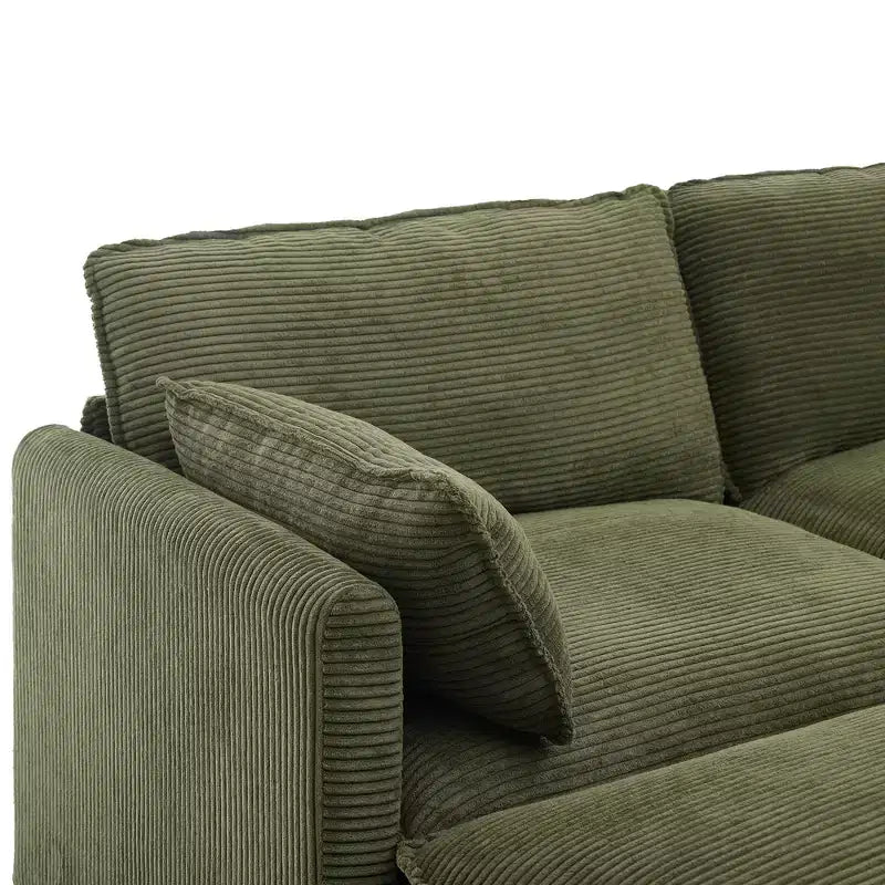 Canapé d'angle en velours côtelé en U, 4 places – Beige / Gris foncé / Vert olive / Jaune, avec 2 poufs mobiles