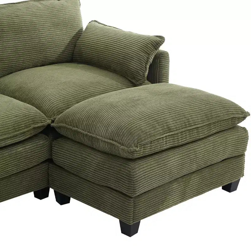 Canapé d'angle en velours côtelé en U, 4 places – Beige / Gris foncé / Vert olive / Jaune, avec 2 poufs mobiles