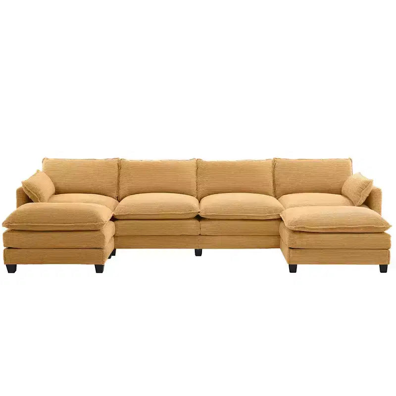 Canapé d'angle en velours côtelé en U, 4 places – Beige / Gris foncé / Vert olive / Jaune, avec 2 poufs mobiles