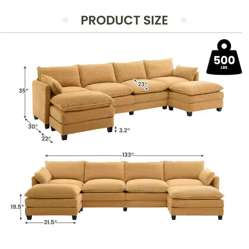 Canapé d'angle en velours côtelé en U, 4 places – Beige / Gris foncé / Vert olive / Jaune, avec 2 poufs mobiles