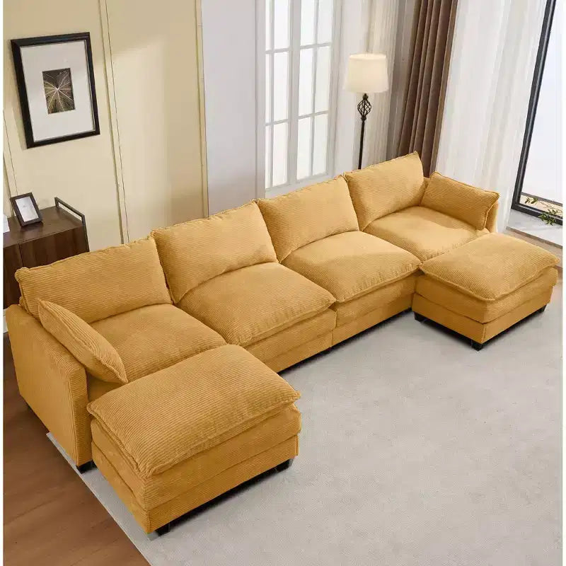 Canapé d'angle en velours côtelé en U, 4 places – Beige / Gris foncé / Vert olive / Jaune, avec 2 poufs mobiles