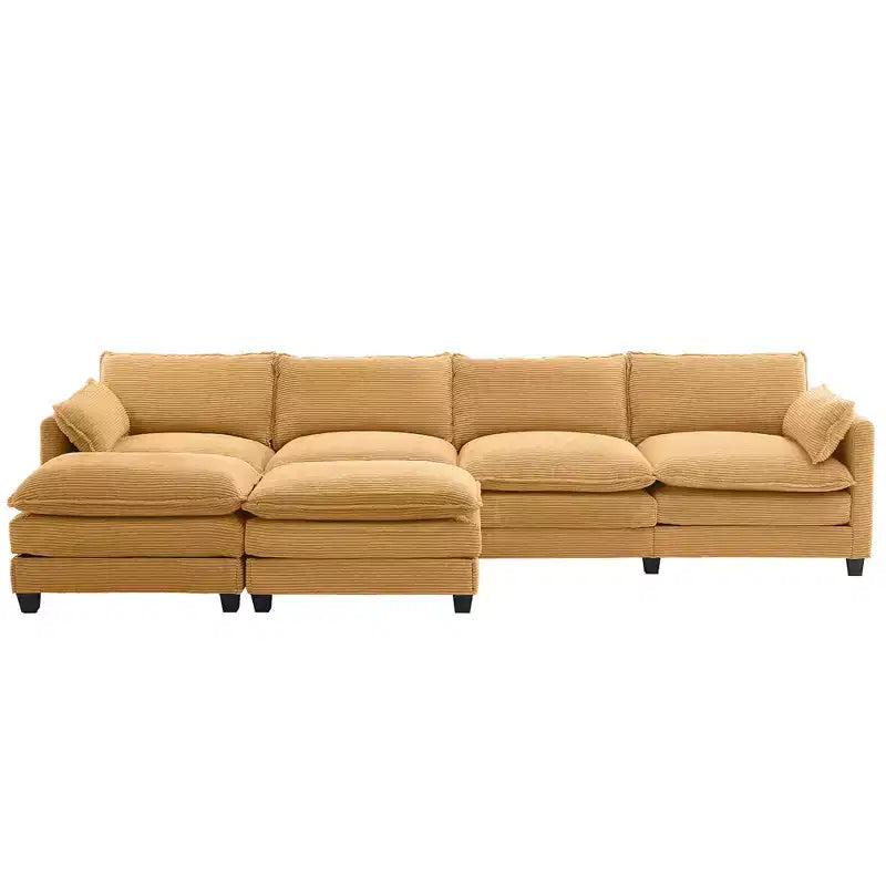 Canapé d'angle en velours côtelé en U, 4 places – Beige / Gris foncé / Vert olive / Jaune, avec 2 poufs mobiles