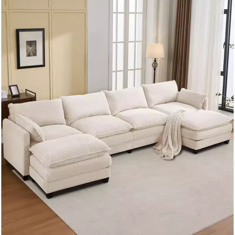 Canapé d'angle en velours côtelé en U, 4 places – Beige / Gris foncé / Vert olive / Jaune, avec 2 poufs mobiles