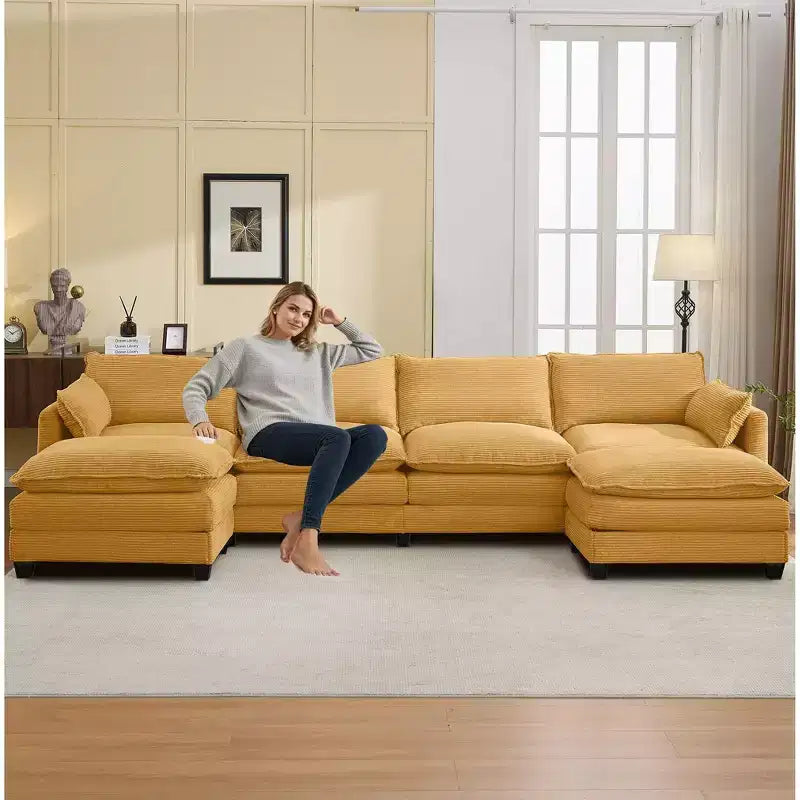 Canapé d'angle en velours côtelé en U, 4 places – Beige / Gris foncé / Vert olive / Jaune, avec 2 poufs mobiles