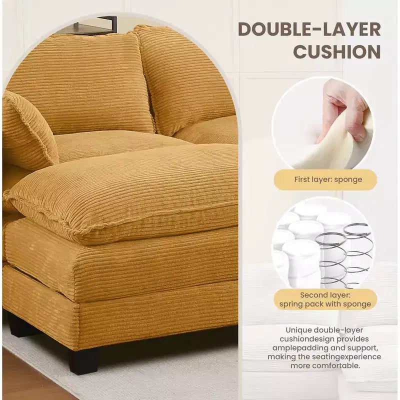 Canapé d'angle en velours côtelé en U, 4 places – Beige / Gris foncé / Vert olive / Jaune, avec 2 poufs mobiles