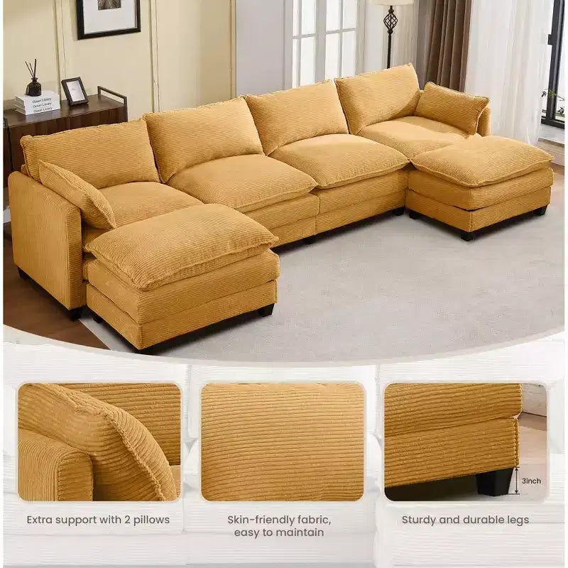 Canapé d'angle en velours côtelé en U, 4 places – Beige / Gris foncé / Vert olive / Jaune, avec 2 poufs mobiles