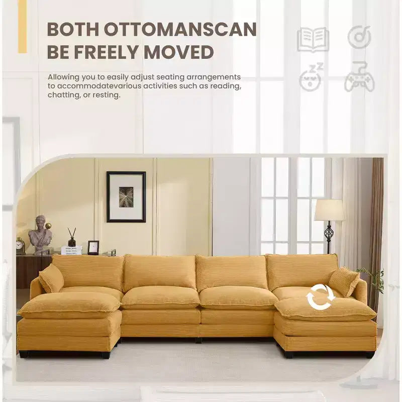 Canapé d'angle en velours côtelé en U, 4 places – Beige / Gris foncé / Vert olive / Jaune, avec 2 poufs mobiles