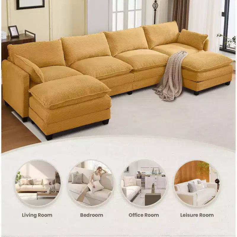 Canapé d'angle en velours côtelé en U, 4 places – Beige / Gris foncé / Vert olive / Jaune, avec 2 poufs mobiles