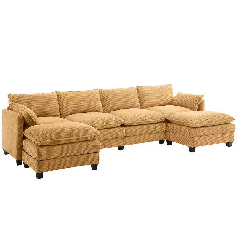 Canapé d'angle en velours côtelé en U, 4 places – Beige / Gris foncé / Vert olive / Jaune, avec 2 poufs mobiles