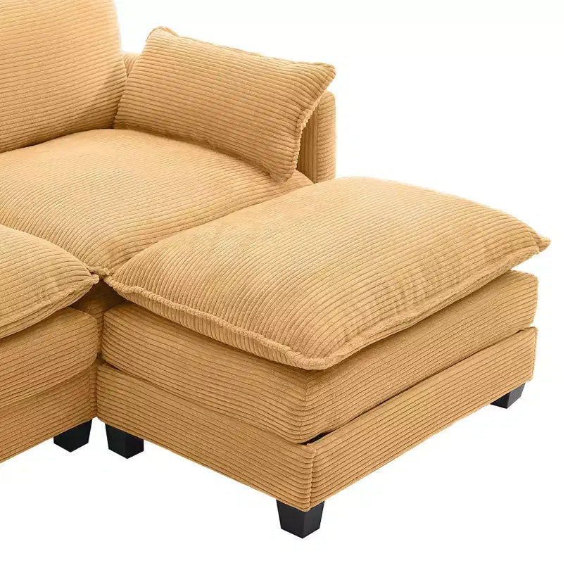 Canapé d'angle en velours côtelé en U, 4 places – Beige / Gris foncé / Vert olive / Jaune, avec 2 poufs mobiles
