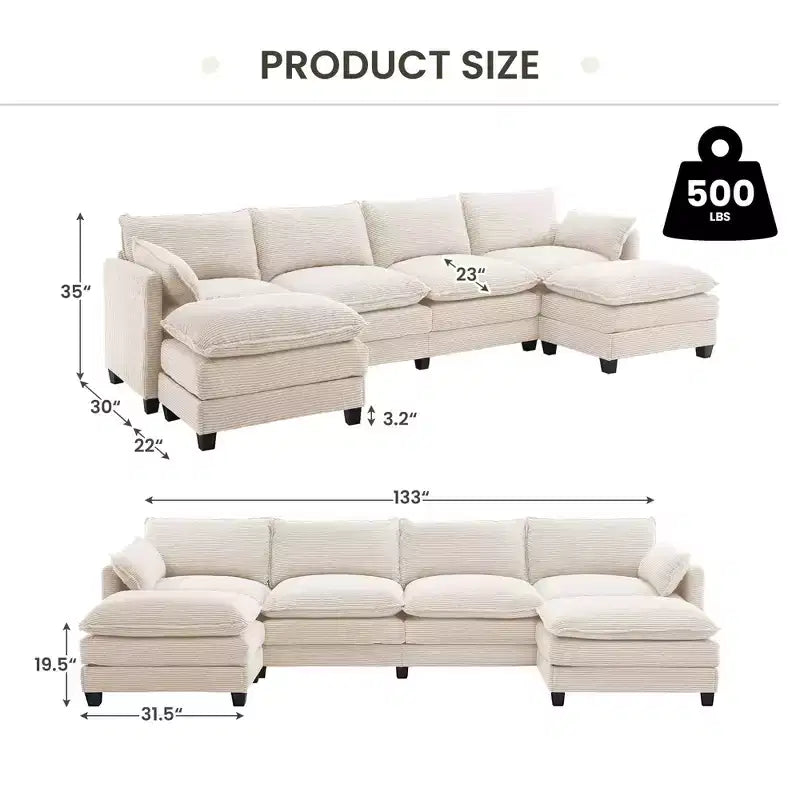 Canapé d'angle en velours côtelé en U, 4 places – Beige / Gris foncé / Vert olive / Jaune, avec 2 poufs mobiles