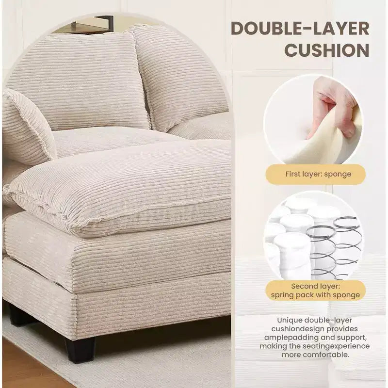 Canapé d'angle en velours côtelé en U, 4 places – Beige / Gris foncé / Vert olive / Jaune, avec 2 poufs mobiles