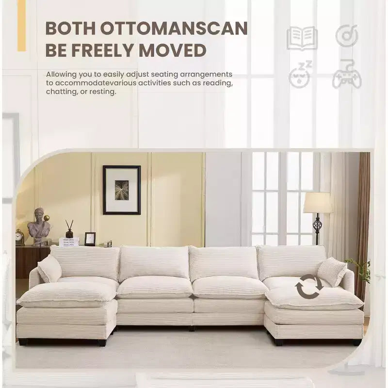 Canapé d'angle en velours côtelé en U, 4 places – Beige / Gris foncé / Vert olive / Jaune, avec 2 poufs mobiles