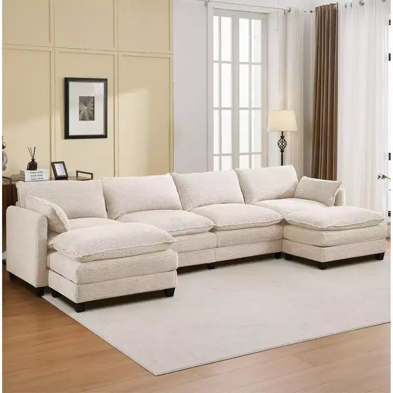 Canapé d'angle en velours côtelé en U, 4 places – Beige / Gris foncé / Vert olive / Jaune, avec 2 poufs mobiles