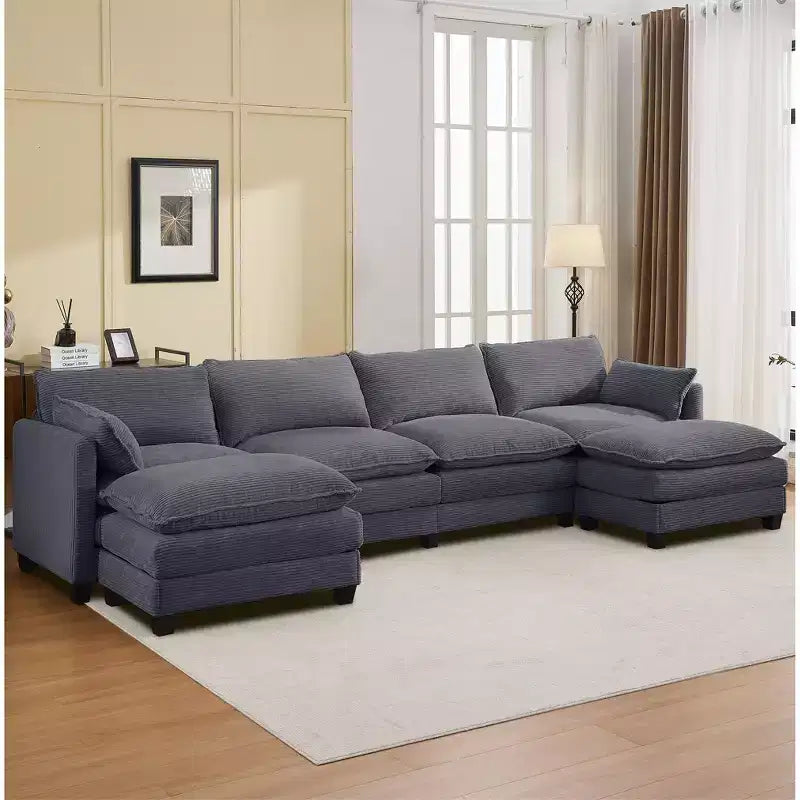 Canapé d'angle en velours côtelé en U, 4 places – Beige / Gris foncé / Vert olive / Jaune, avec 2 poufs mobiles