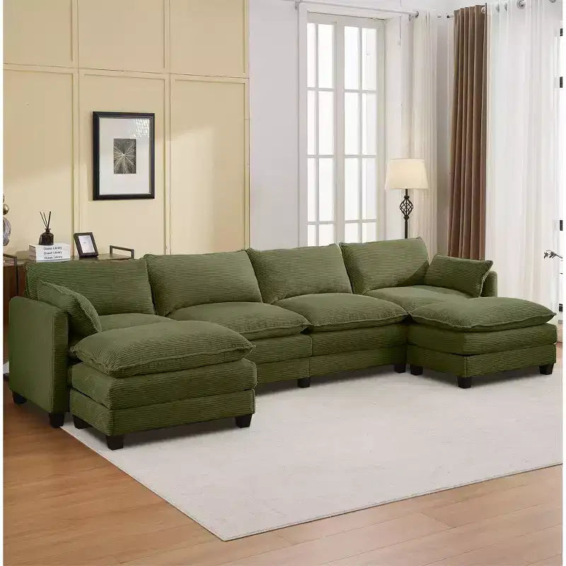 Canapé d'angle en velours côtelé en U, 4 places – Beige / Gris foncé / Vert olive / Jaune, avec 2 poufs mobiles