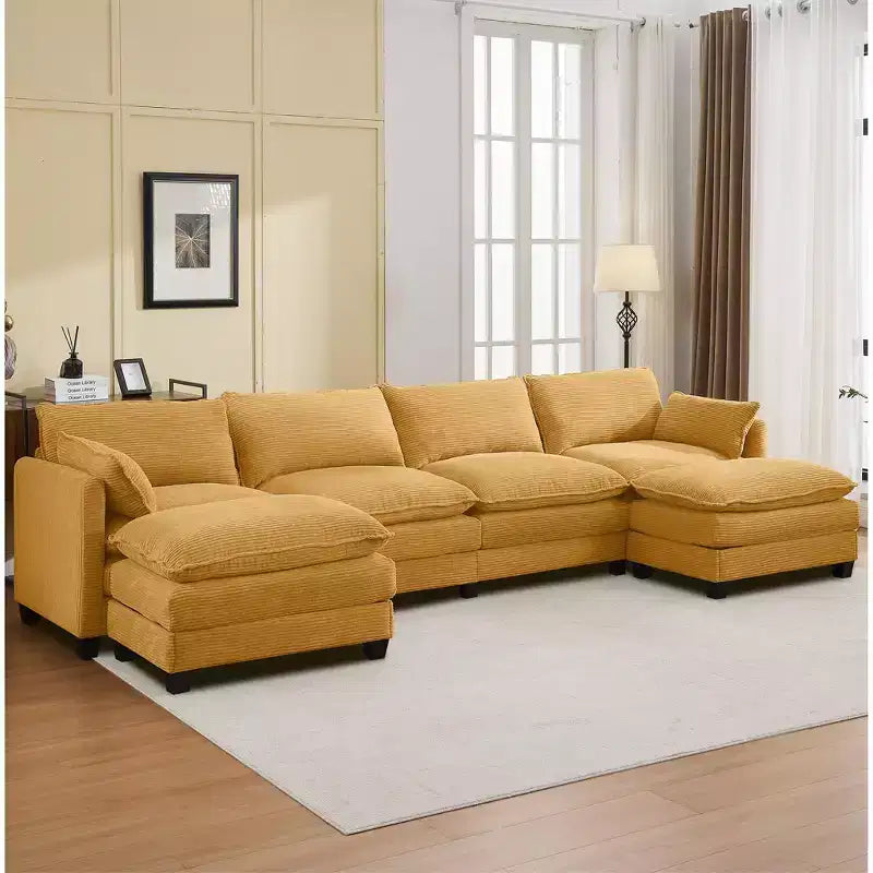 Canapé d'angle en velours côtelé en U, 4 places – Beige / Gris foncé / Vert olive / Jaune, avec 2 poufs mobiles