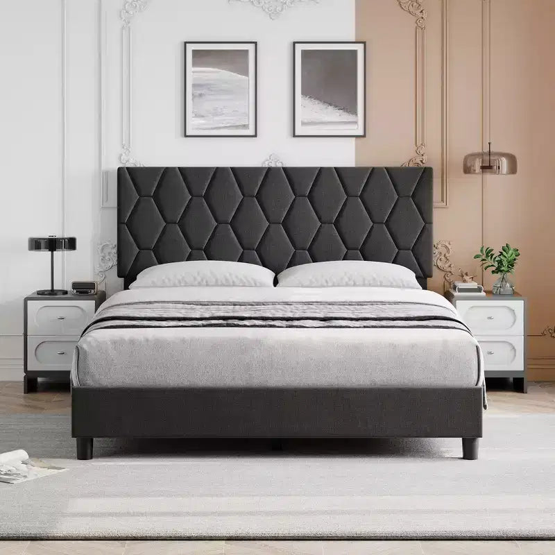 Lit plateforme gris rembourré avec tête de lit, taille double, 1 personne