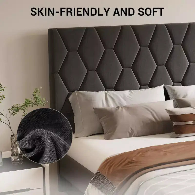 Lit plateforme gris rembourré avec tête de lit, taille double, 1 personne