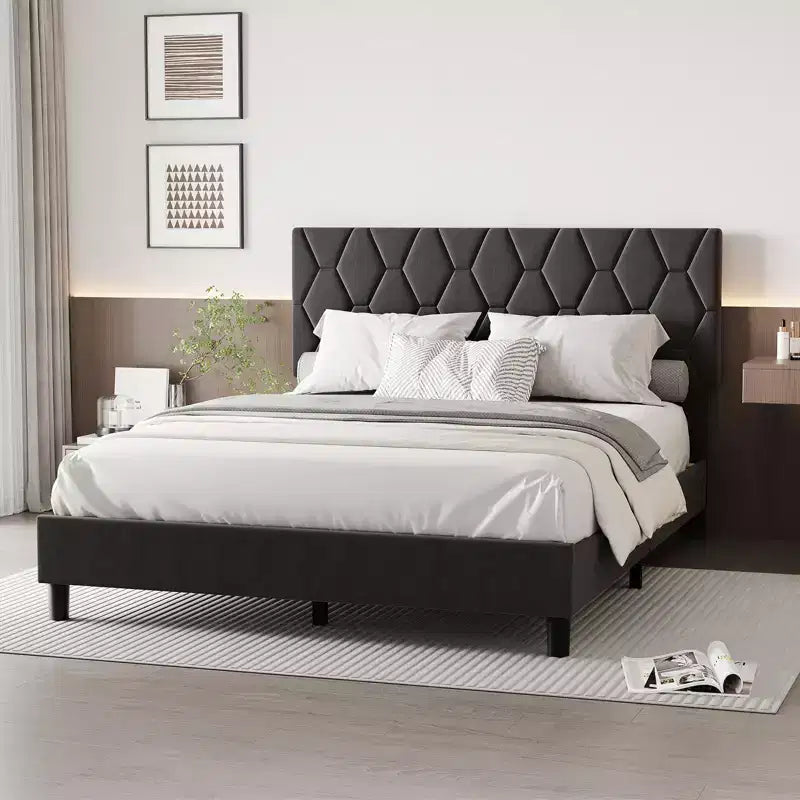 Lit plateforme gris rembourré avec tête de lit, taille double, 1 personne
