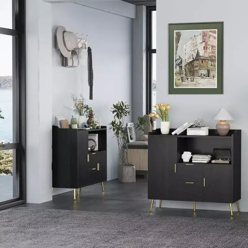 Buffet noir et blanc 100 cm – 2 tiroirs et 2 portes, simple