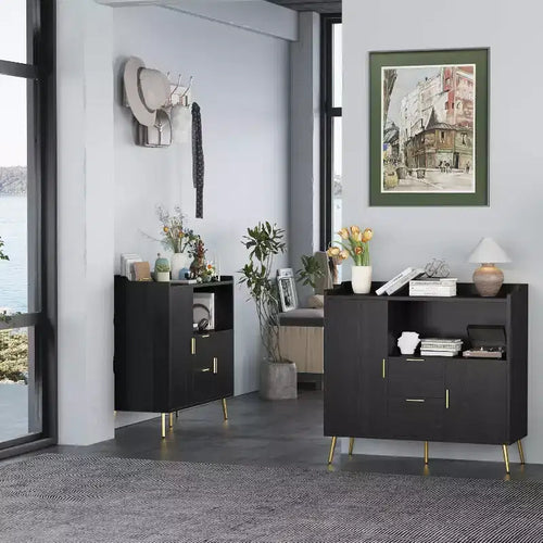 Buffet noir et blanc 100 cm – 2 tiroirs et 2 portes, simple