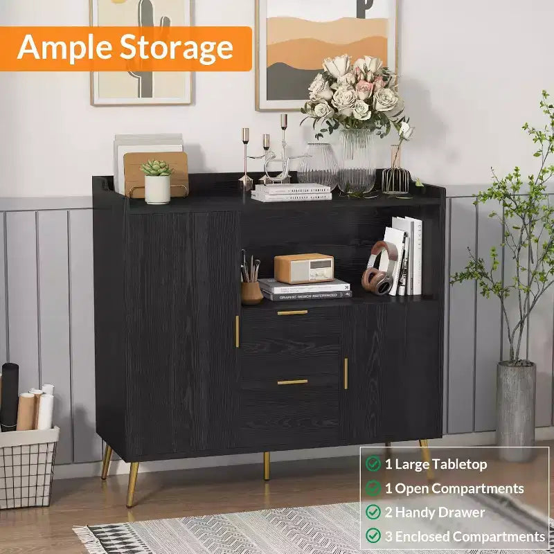 Buffet noir et blanc 100 cm – 2 tiroirs et 2 portes, simple