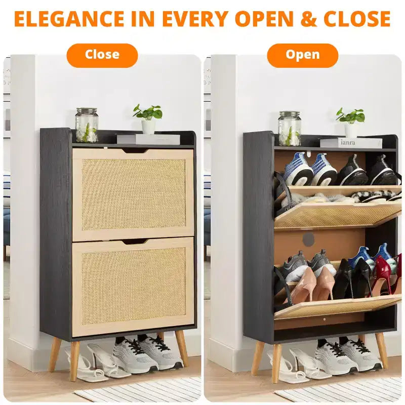 Meuble à chaussures étroit en rotin naturel, 2 tiroirs, autoportant, 1 personne