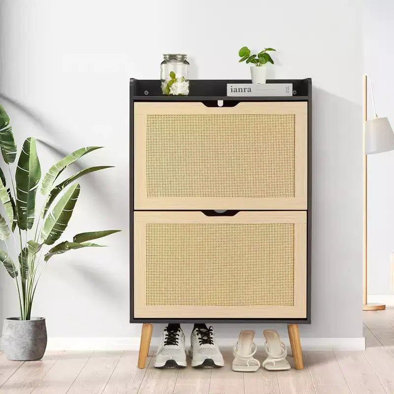 Meuble à chaussures étroit en rotin naturel, 2 tiroirs, autoportant, 1 personne