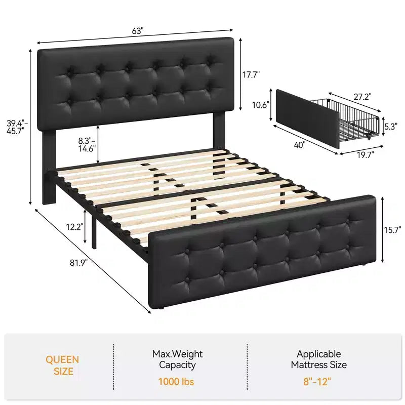 Lit plateforme queen en similicuir noir avec 4 tiroirs de rangement et tête de lit réglable